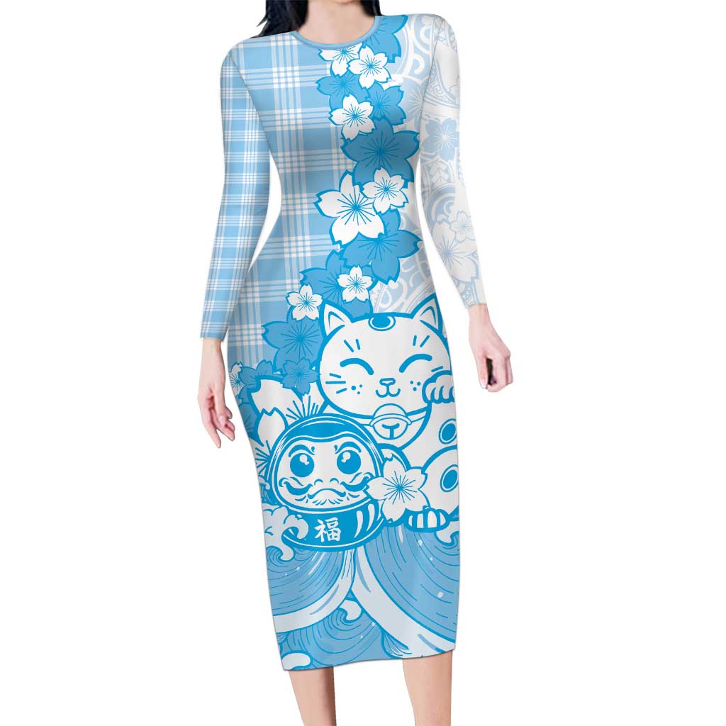 Blue Palaka Hawaiian And Japanese Family Matching Long Sleeve Bodycon Dress and Hawaiian Shirt Maneki Neko And Sakura Bloom