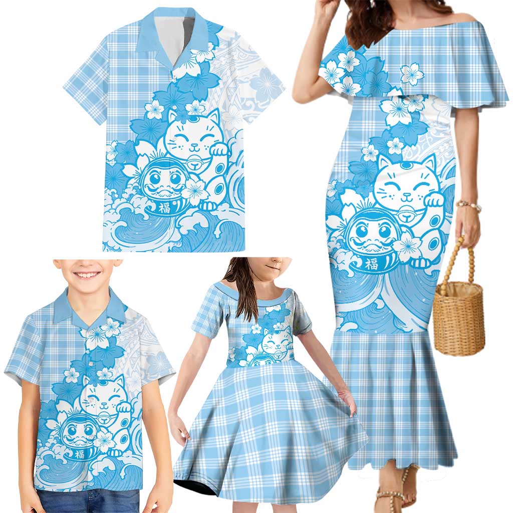 Blue Palaka Hawaiian And Japanese Family Matching Mermaid Dress and Hawaiian Shirt Maneki Neko And Sakura Bloom