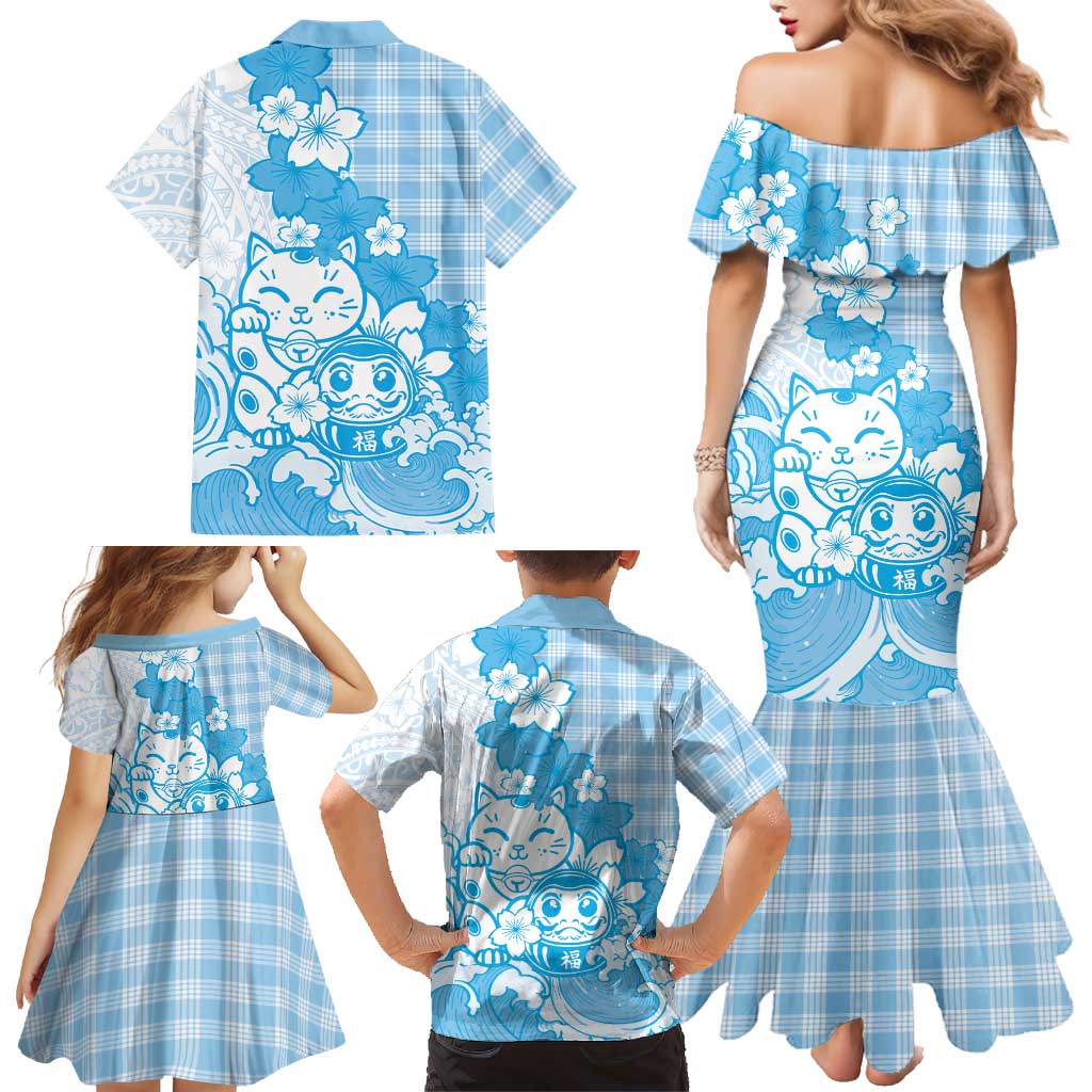 Blue Palaka Hawaiian And Japanese Family Matching Mermaid Dress and Hawaiian Shirt Maneki Neko And Sakura Bloom