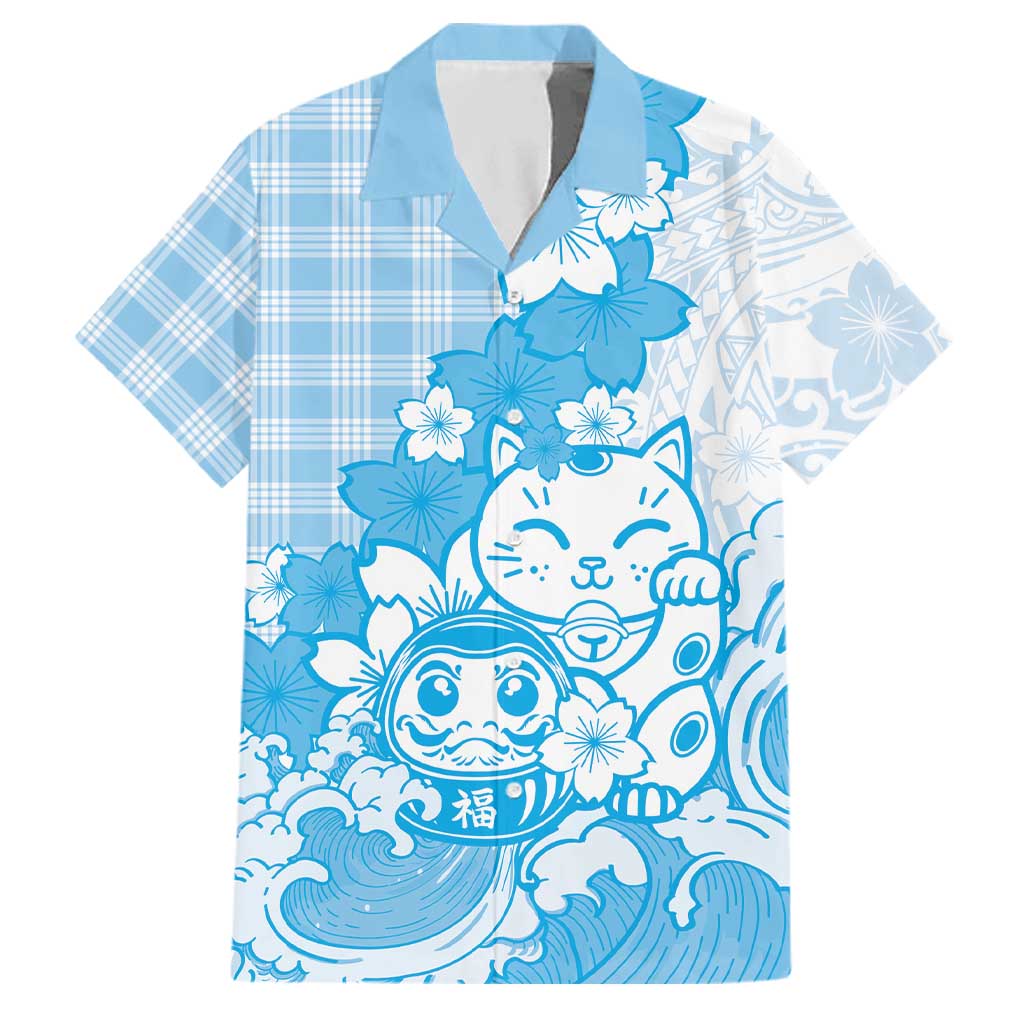 Blue Palaka Hawaiian And Japanese Family Matching Mermaid Dress and Hawaiian Shirt Maneki Neko And Sakura Bloom
