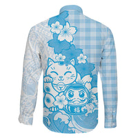 Blue Palaka Hawaiian And Japanese Family Matching Mermaid Dress and Hawaiian Shirt Maneki Neko And Sakura Bloom