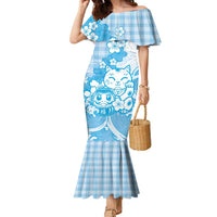 Blue Palaka Hawaiian And Japanese Family Matching Mermaid Dress and Hawaiian Shirt Maneki Neko And Sakura Bloom