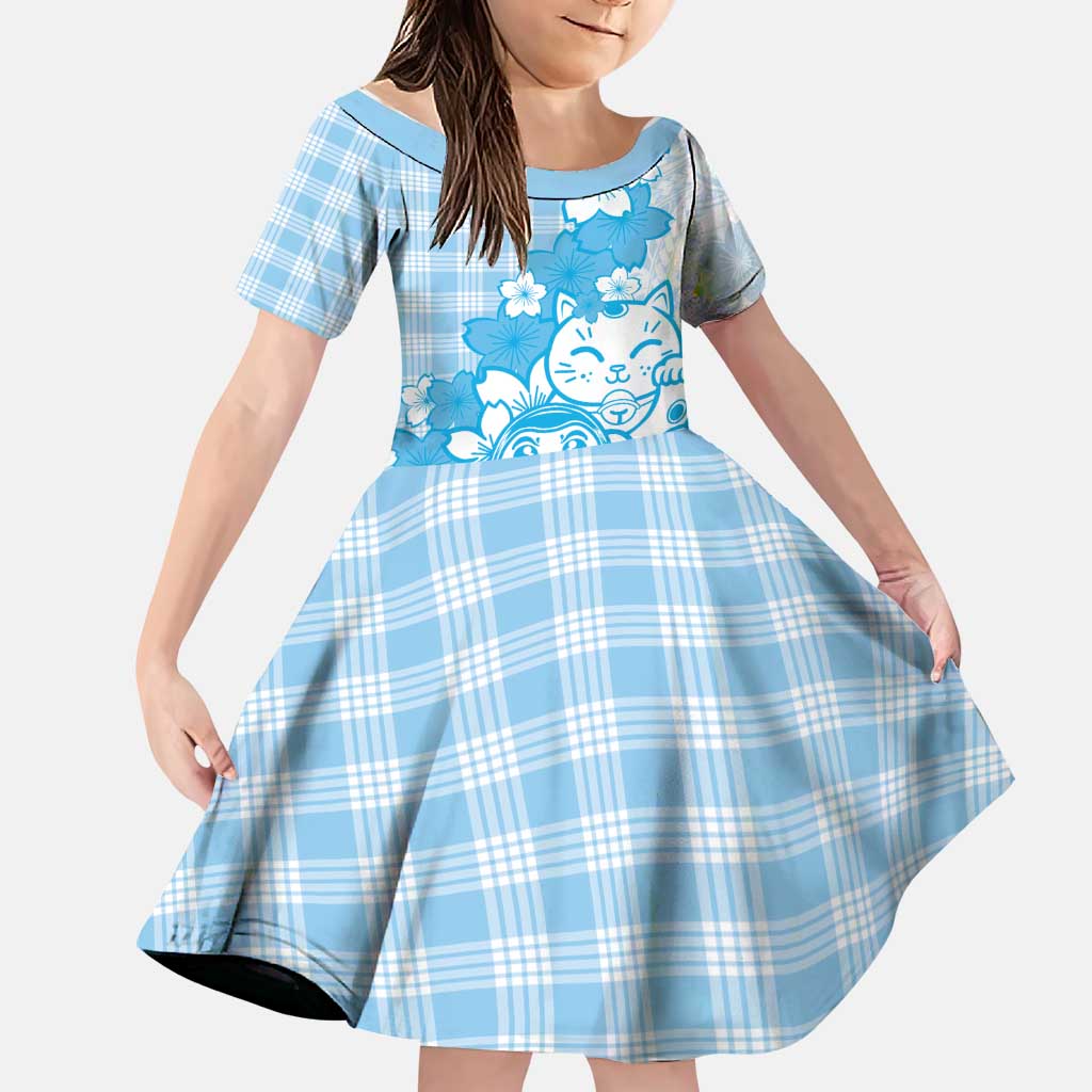 Blue Palaka Hawaiian And Japanese Family Matching Off The Shoulder Long Sleeve Dress and Hawaiian Shirt Maneki Neko And Sakura Bloom