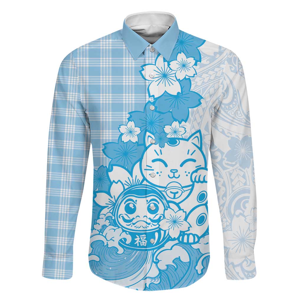 Blue Palaka Hawaiian And Japanese Family Matching Off The Shoulder Long Sleeve Dress and Hawaiian Shirt Maneki Neko And Sakura Bloom