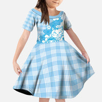 Blue Palaka Hawaiian And Japanese Family Matching Off Shoulder Short Dress and Hawaiian Shirt Maneki Neko And Sakura Bloom