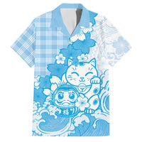 Blue Palaka Hawaiian And Japanese Family Matching Off Shoulder Short Dress and Hawaiian Shirt Maneki Neko And Sakura Bloom