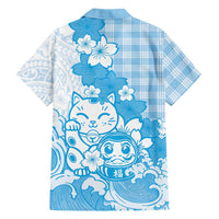 Blue Palaka Hawaiian And Japanese Family Matching Off Shoulder Short Dress and Hawaiian Shirt Maneki Neko And Sakura Bloom