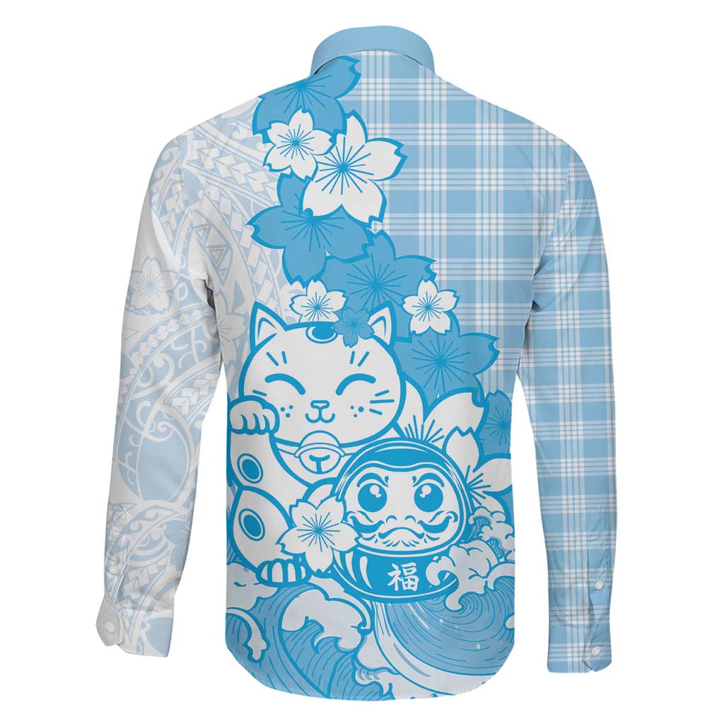 Blue Palaka Hawaiian And Japanese Family Matching Off Shoulder Short Dress and Hawaiian Shirt Maneki Neko And Sakura Bloom