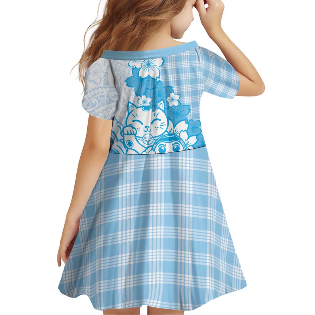 Blue Palaka Hawaiian And Japanese Family Matching Puletasi and Hawaiian Shirt Maneki Neko And Sakura Bloom