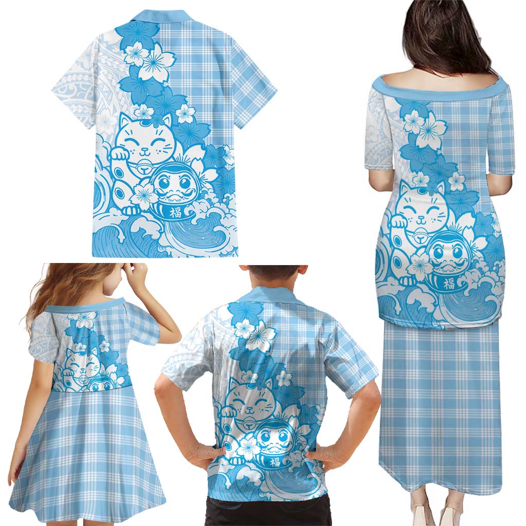 Blue Palaka Hawaiian And Japanese Family Matching Puletasi and Hawaiian Shirt Maneki Neko And Sakura Bloom