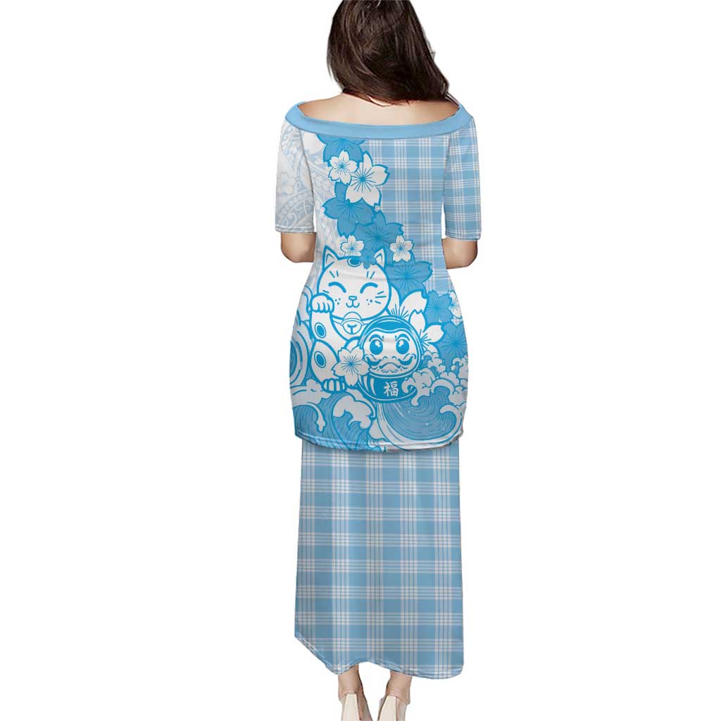 Blue Palaka Hawaiian And Japanese Family Matching Puletasi and Hawaiian Shirt Maneki Neko And Sakura Bloom
