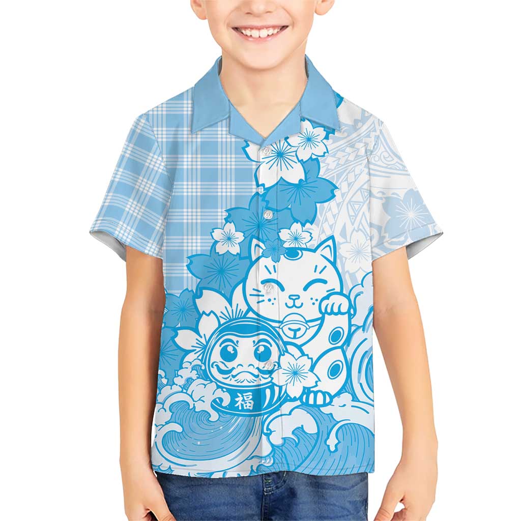 Blue Palaka Hawaiian And Japanese Family Matching Puletasi and Hawaiian Shirt Maneki Neko And Sakura Bloom