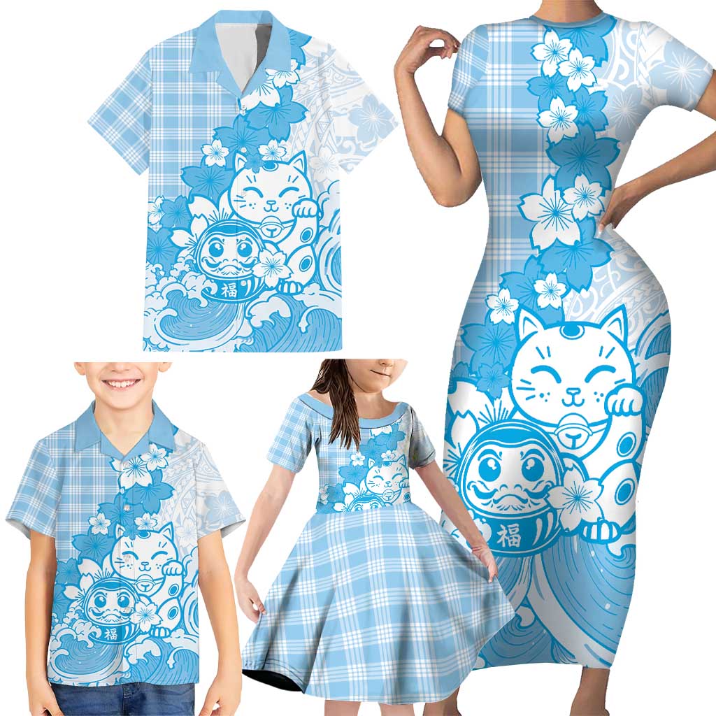 Blue Palaka Hawaiian And Japanese Family Matching Short Sleeve Bodycon Dress and Hawaiian Shirt Maneki Neko And Sakura Bloom