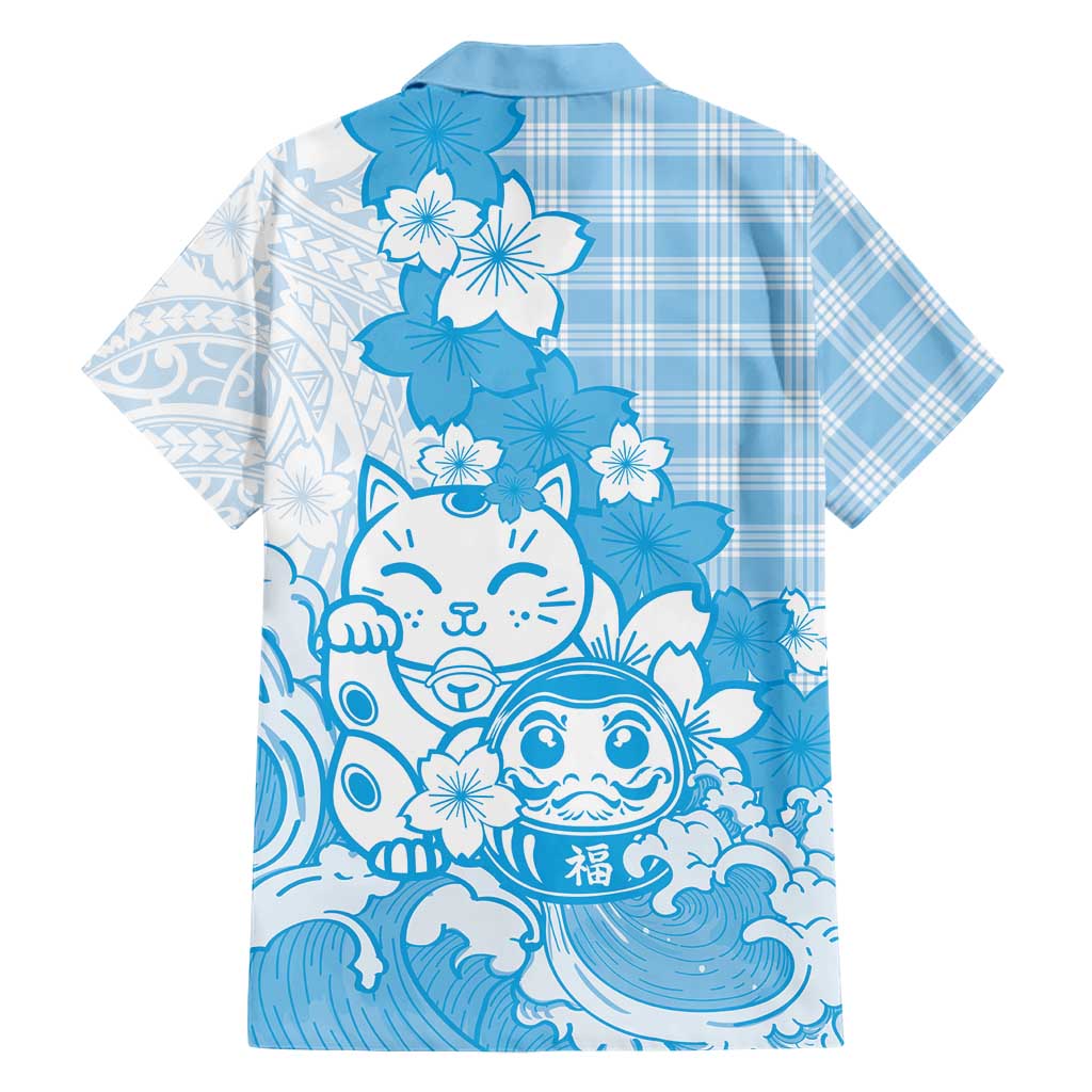 Blue Palaka Hawaiian And Japanese Family Matching Short Sleeve Bodycon Dress and Hawaiian Shirt Maneki Neko And Sakura Bloom