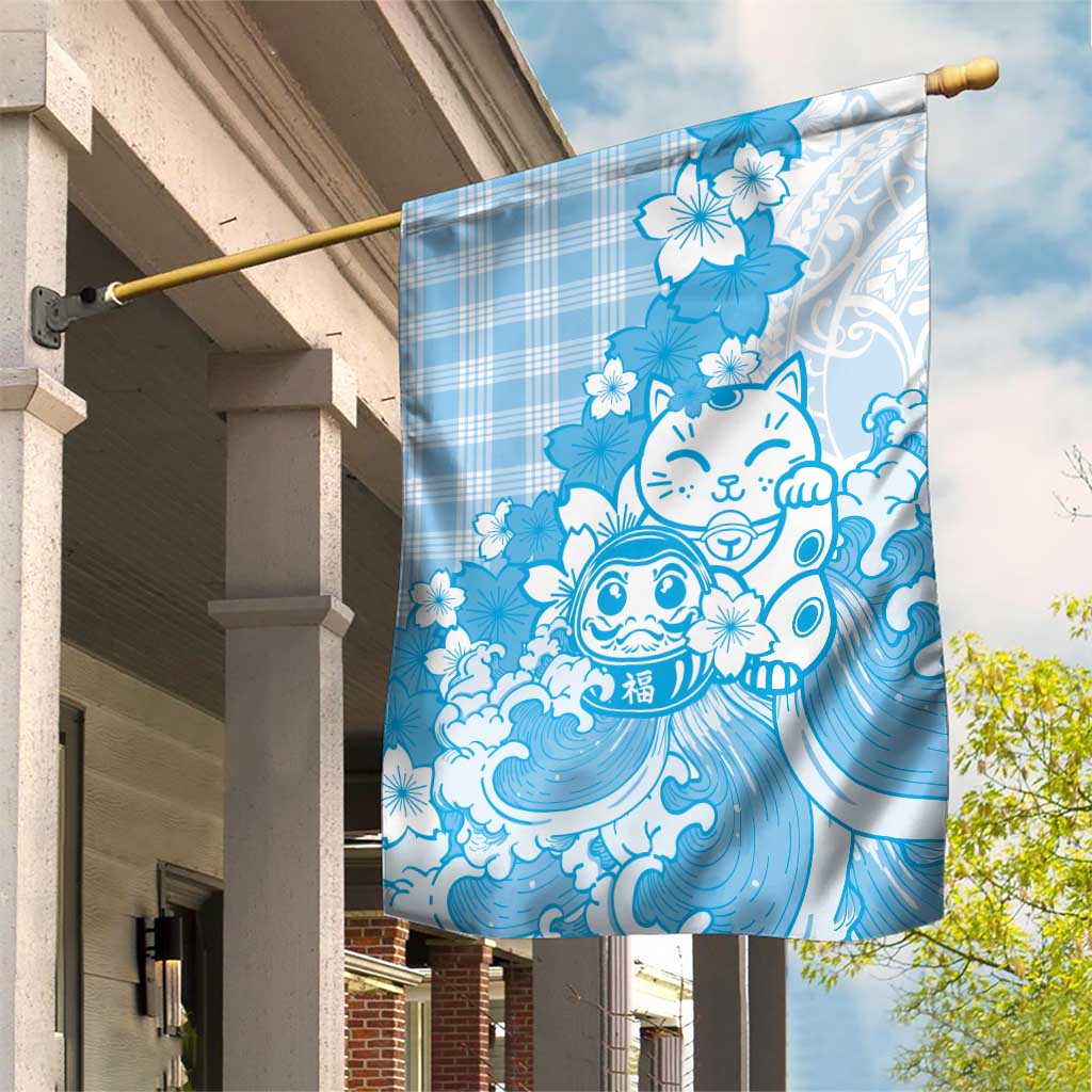 Blue Palaka Hawaiian And Japanese Garden Flag Maneki Neko And Sakura Bloom DT05 House Flag Blue - Polynesian Pride