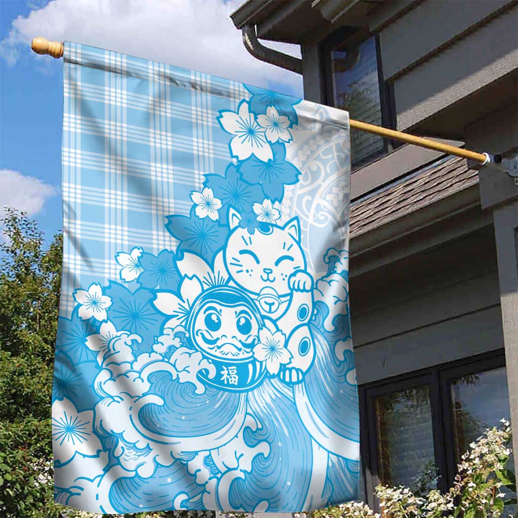 Blue Palaka Hawaiian And Japanese Garden Flag Maneki Neko And Sakura Bloom DT05 - Polynesian Pride