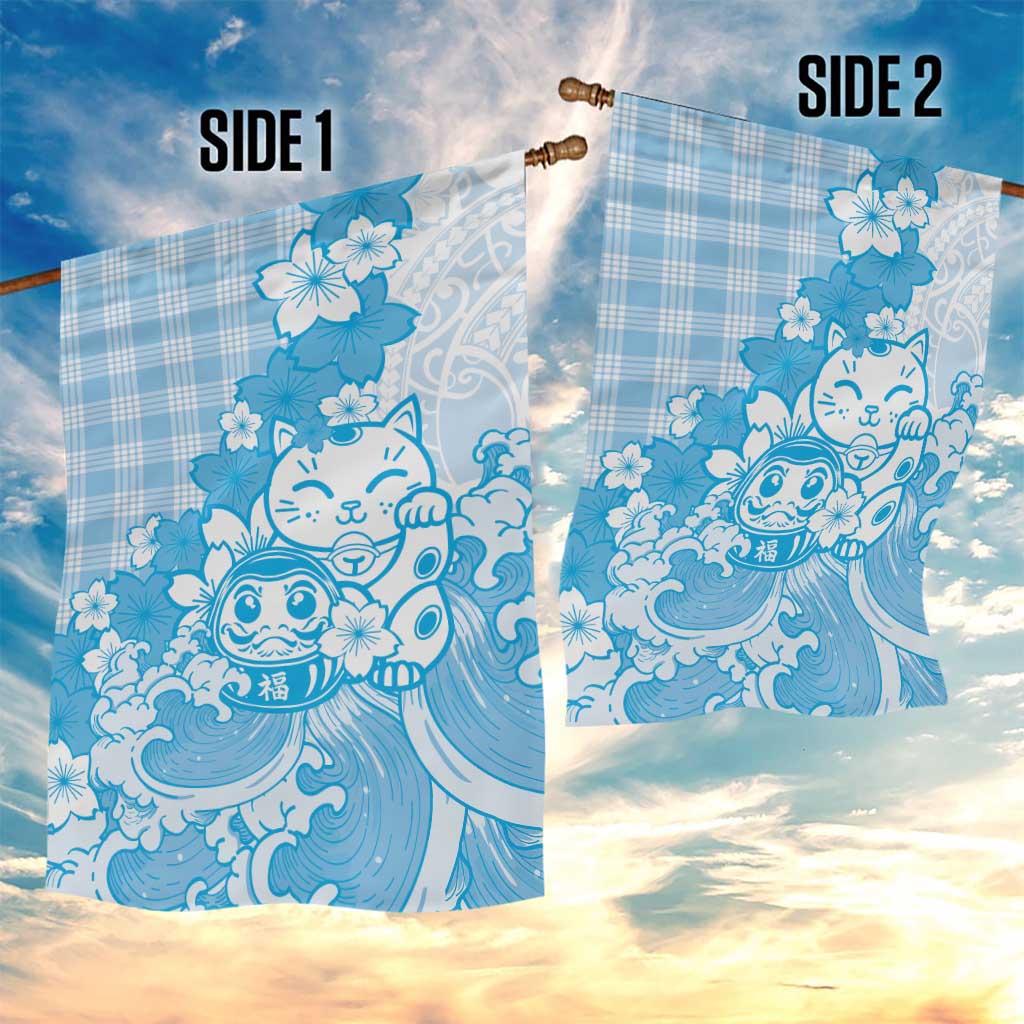 Blue Palaka Hawaiian And Japanese Garden Flag Maneki Neko And Sakura Bloom DT05 - Polynesian Pride