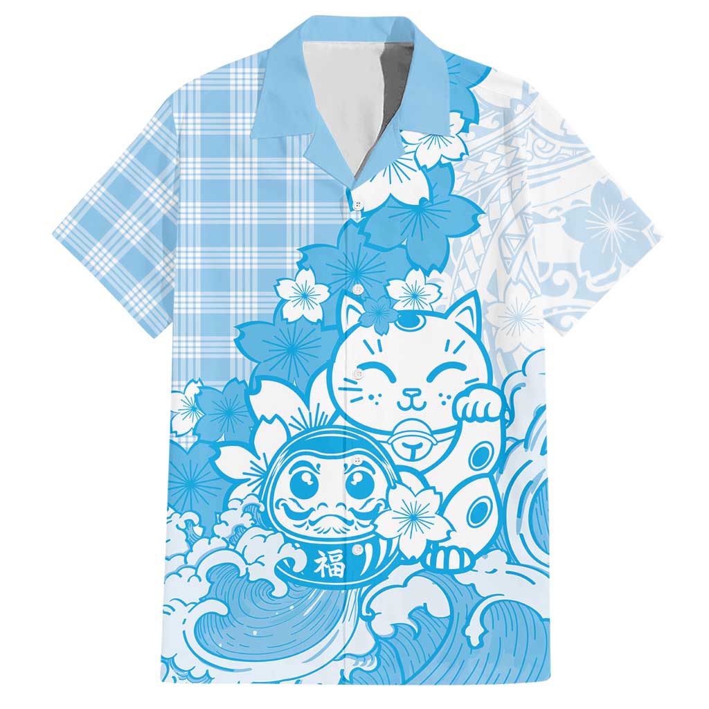 Blue Palaka Hawaiian And Japanese Hawaiian Shirt Maneki Neko And Sakura Bloom DT05 Blue - Polynesian Pride