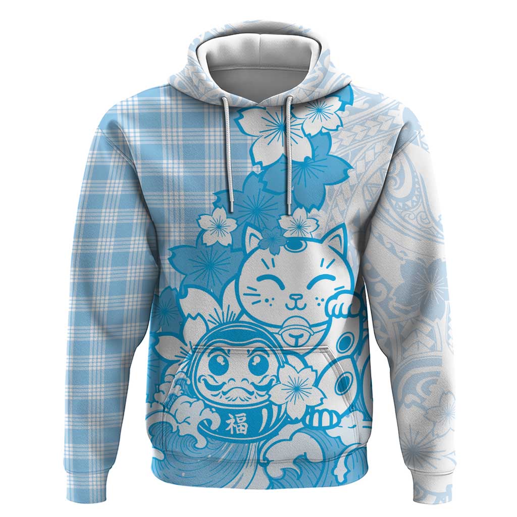 Blue Palaka Hawaiian And Japanese Hoodie Maneki Neko And Sakura Bloom DT05 Pullover Hoodie Blue - Polynesian Pride
