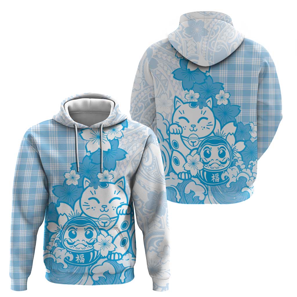Blue Palaka Hawaiian And Japanese Hoodie Maneki Neko And Sakura Bloom DT05 - Polynesian Pride
