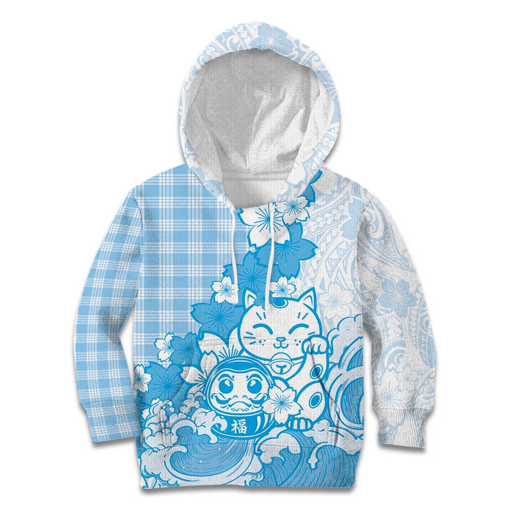 Blue Palaka Hawaiian And Japanese Kid Hoodie Maneki Neko And Sakura Bloom DT05 Hoodie Blue - Polynesian Pride