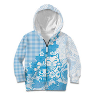 Blue Palaka Hawaiian And Japanese Kid Hoodie Maneki Neko And Sakura Bloom DT05 Zip Hoodie Blue - Polynesian Pride