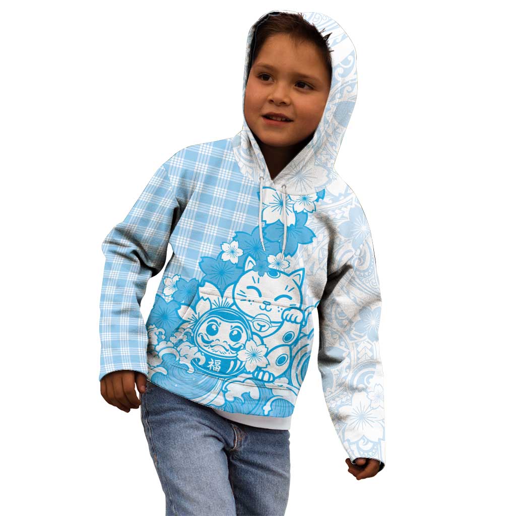 Blue Palaka Hawaiian And Japanese Kid Hoodie Maneki Neko And Sakura Bloom DT05 - Polynesian Pride