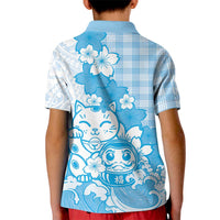 Blue Palaka Hawaiian And Japanese Kid Polo Shirt Maneki Neko And Sakura Bloom DT05 - Polynesian Pride