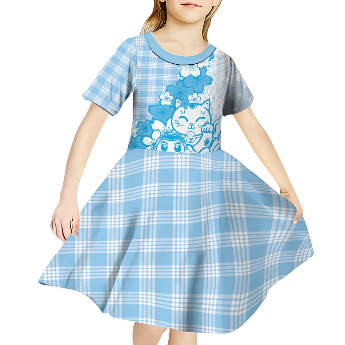 Blue Palaka Hawaiian And Japanese Kid Short Sleeve Dress Maneki Neko And Sakura Bloom DT05 - Polynesian Pride