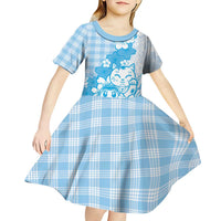 Blue Palaka Hawaiian And Japanese Kid Short Sleeve Dress Maneki Neko And Sakura Bloom DT05 - Polynesian Pride