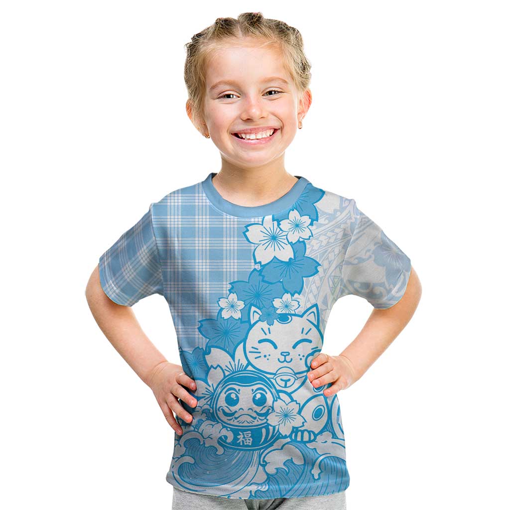 Blue Palaka Hawaiian And Japanese Kid T Shirt Maneki Neko And Sakura Bloom DT05 Blue - Polynesian Pride