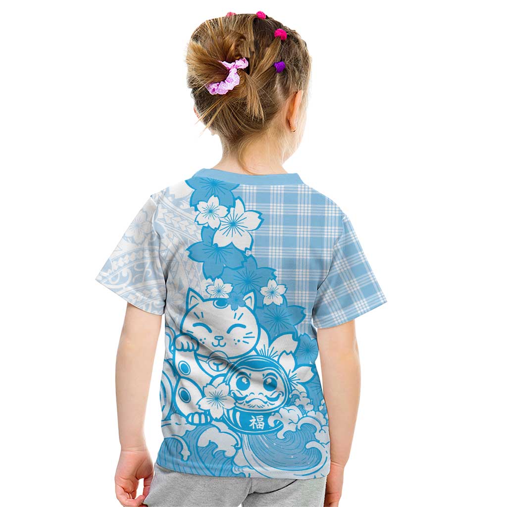 Blue Palaka Hawaiian And Japanese Kid T Shirt Maneki Neko And Sakura Bloom DT05 - Polynesian Pride