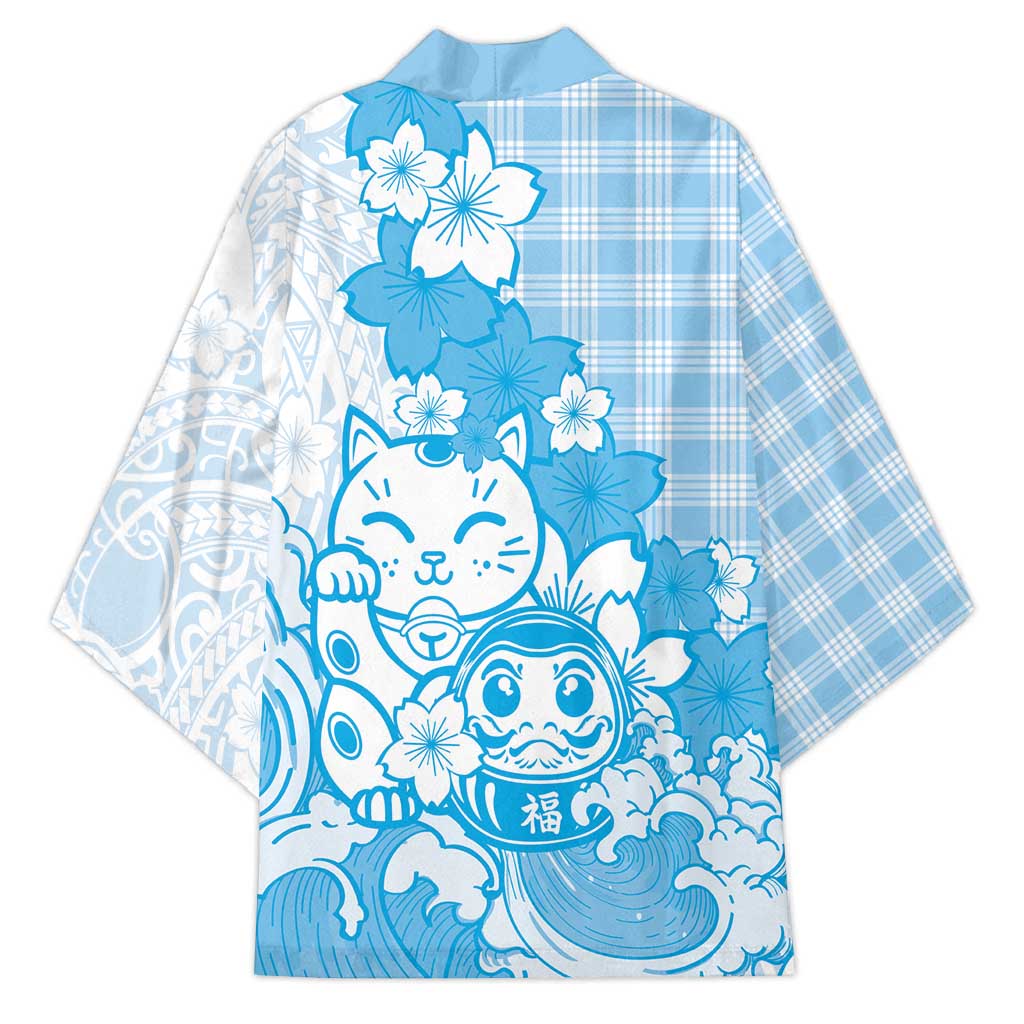 Blue Palaka Hawaiian And Japanese Kimono Maneki Neko And Sakura Bloom DT05 - Polynesian Pride