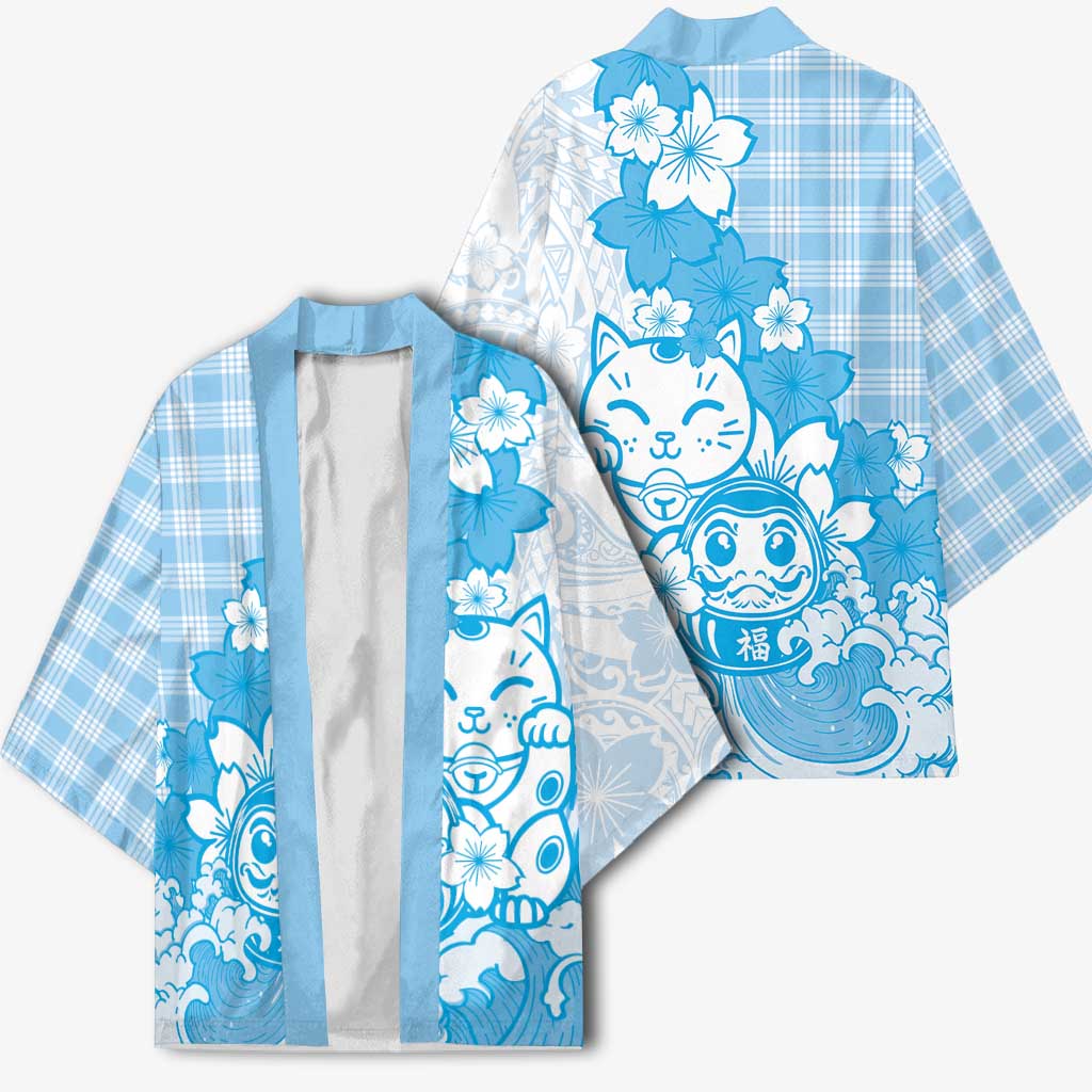 Blue Palaka Hawaiian And Japanese Kimono Maneki Neko And Sakura Bloom DT05 - Polynesian Pride