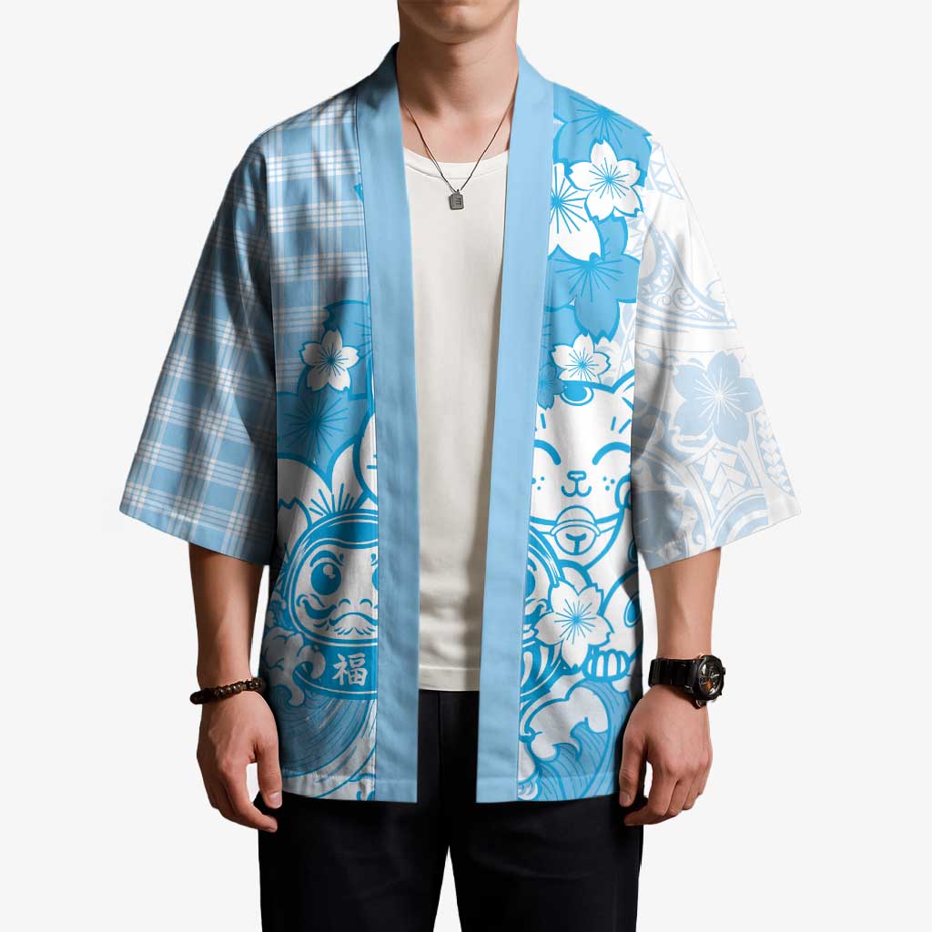 Blue Palaka Hawaiian And Japanese Kimono Maneki Neko And Sakura Bloom DT05 - Polynesian Pride