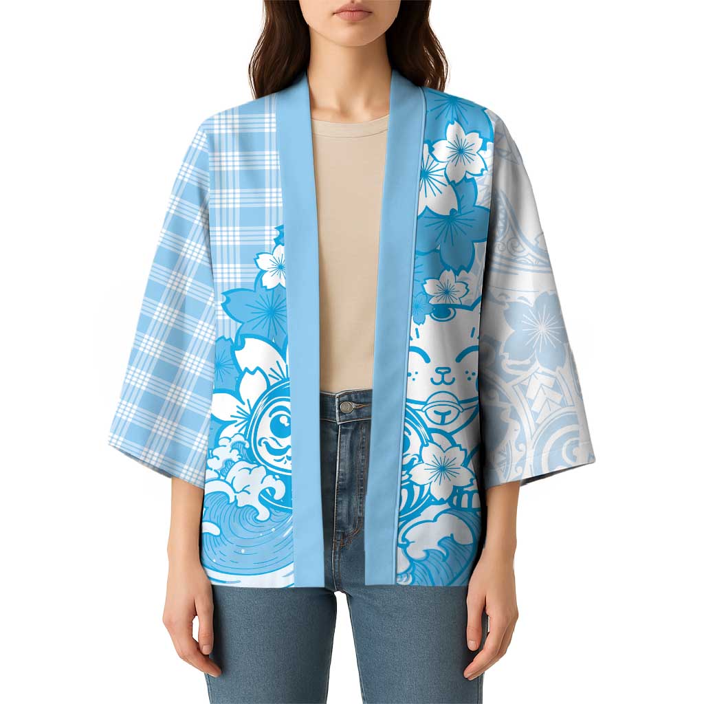 Blue Palaka Hawaiian And Japanese Kimono Maneki Neko And Sakura Bloom DT05 - Polynesian Pride