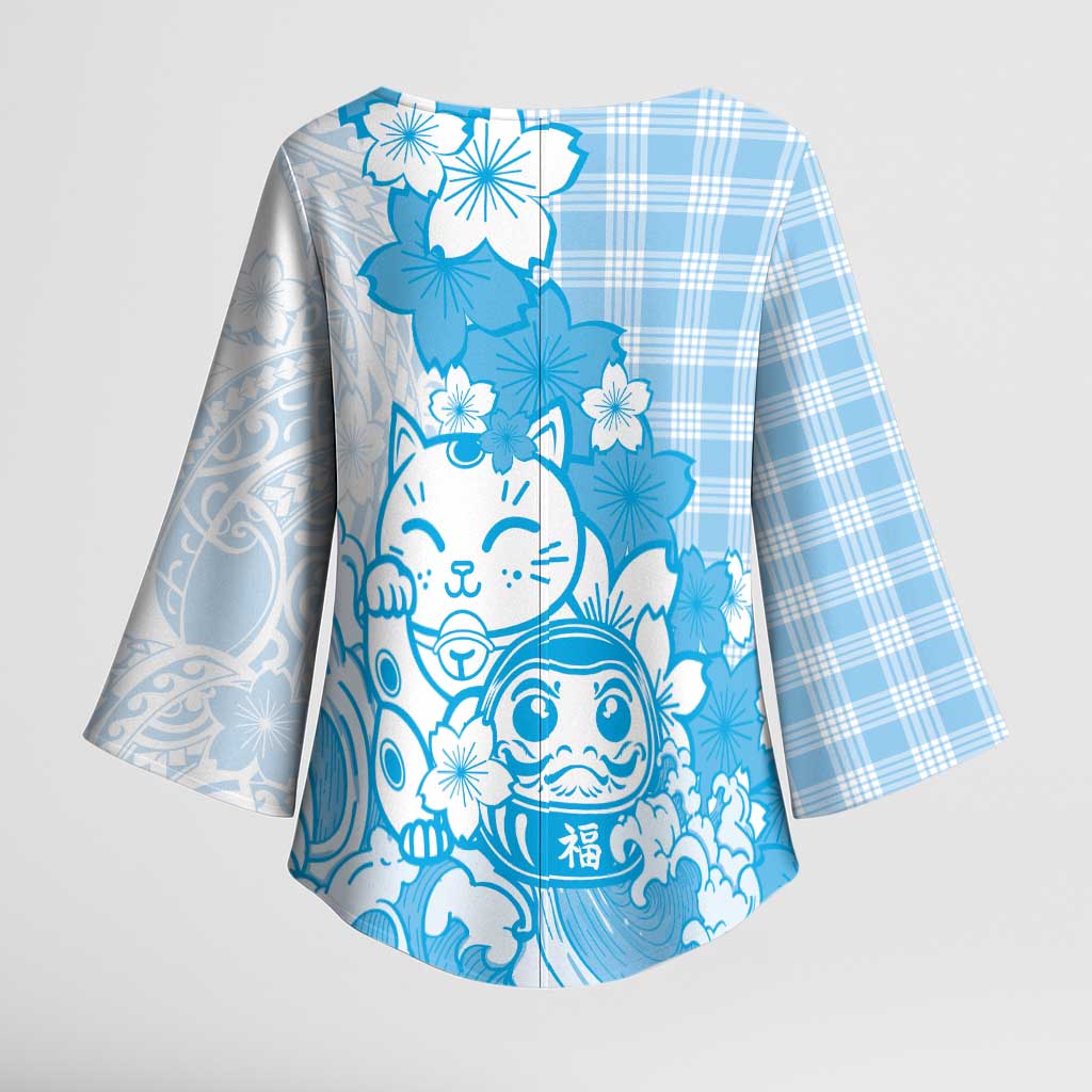 Blue Palaka Hawaiian And Japanese Kimono Sleeve Blouse Maneki Neko And Sakura Bloom DT05 - Polynesian Pride