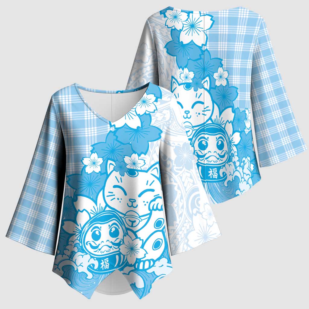 Blue Palaka Hawaiian And Japanese Kimono Sleeve Blouse Maneki Neko And Sakura Bloom DT05 - Polynesian Pride