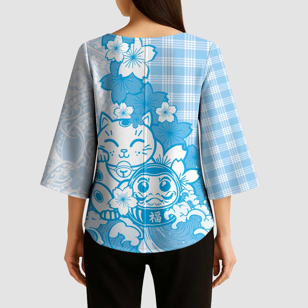 Blue Palaka Hawaiian And Japanese Kimono Sleeve Blouse Maneki Neko And Sakura Bloom DT05 - Polynesian Pride