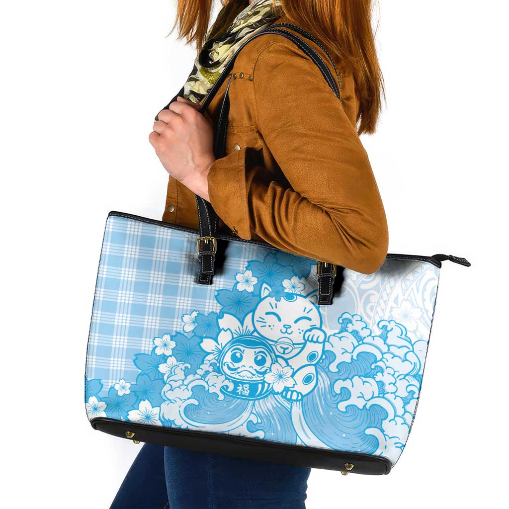Blue Palaka Hawaiian And Japanese Leather Tote Bag Maneki Neko And Sakura Bloom DT05 Blue - Polynesian Pride
