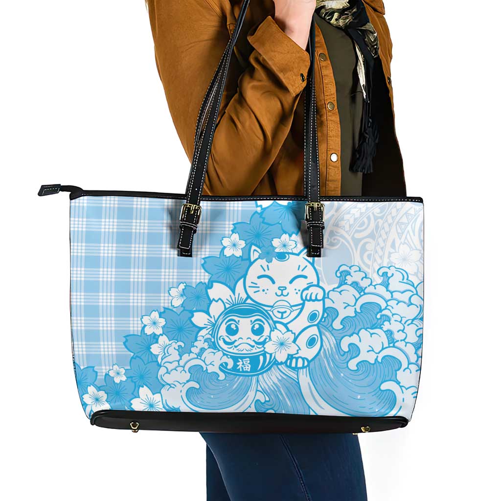Blue Palaka Hawaiian And Japanese Leather Tote Bag Maneki Neko And Sakura Bloom DT05 - Polynesian Pride