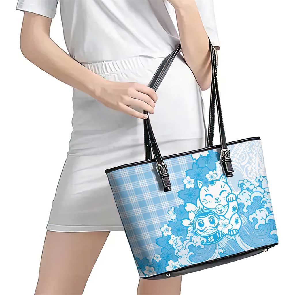 Blue Palaka Hawaiian And Japanese Leather Tote Bag Maneki Neko And Sakura Bloom DT05 - Polynesian Pride
