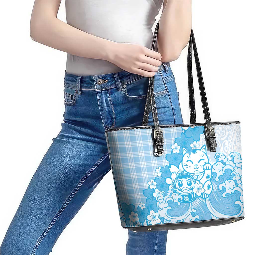 Blue Palaka Hawaiian And Japanese Leather Tote Bag Maneki Neko And Sakura Bloom DT05 - Polynesian Pride