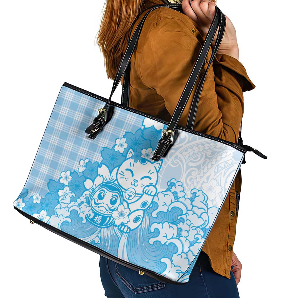 Blue Palaka Hawaiian And Japanese Leather Tote Bag Maneki Neko And Sakura Bloom DT05 - Polynesian Pride