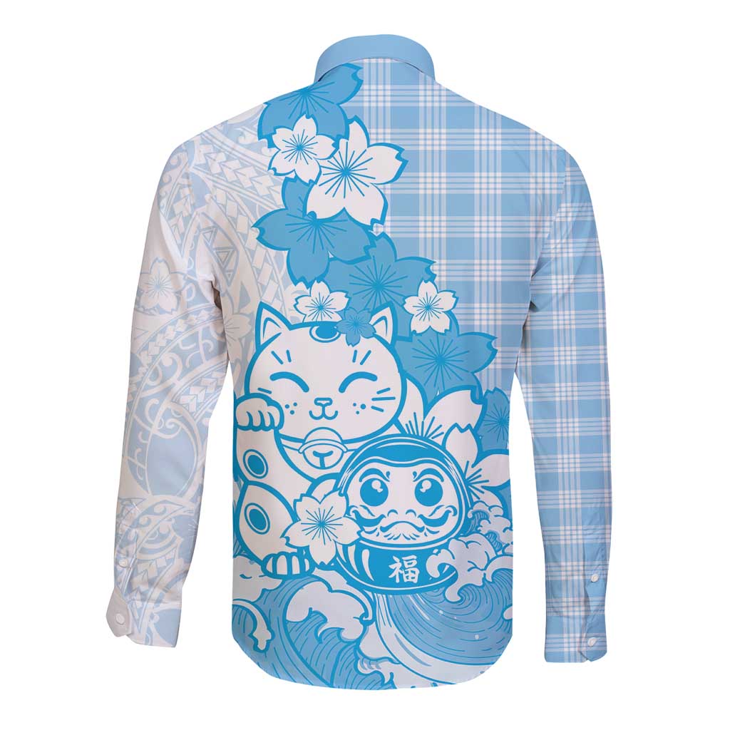 Blue Palaka Hawaiian And Japanese Long Sleeve Button Shirt Maneki Neko And Sakura Bloom DT05 - Polynesian Pride
