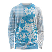 Blue Palaka Hawaiian And Japanese Long Sleeve Shirt Maneki Neko And Sakura Bloom DT05 Unisex Blue - Polynesian Pride