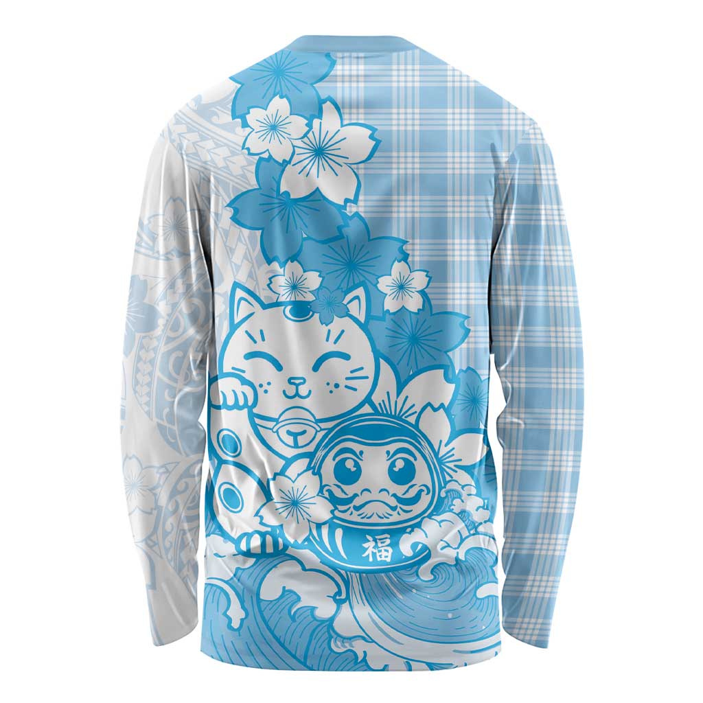 Blue Palaka Hawaiian And Japanese Long Sleeve Shirt Maneki Neko And Sakura Bloom DT05 - Polynesian Pride