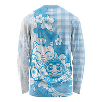 Blue Palaka Hawaiian And Japanese Long Sleeve Shirt Maneki Neko And Sakura Bloom DT05 - Polynesian Pride