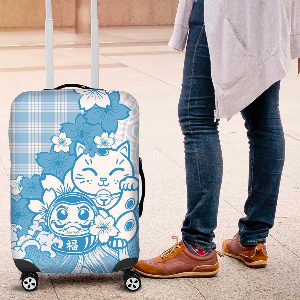 Blue Palaka Hawaiian And Japanese Luggage Cover Maneki Neko And Sakura Bloom DT05 Blue - Polynesian Pride