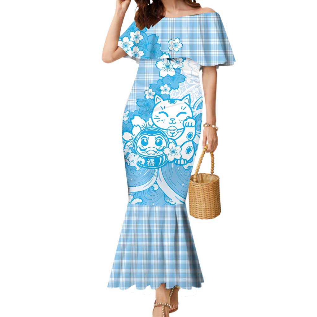 Blue Palaka Hawaiian And Japanese Mermaid Dress Maneki Neko And Sakura Bloom DT05 Women Blue - Polynesian Pride